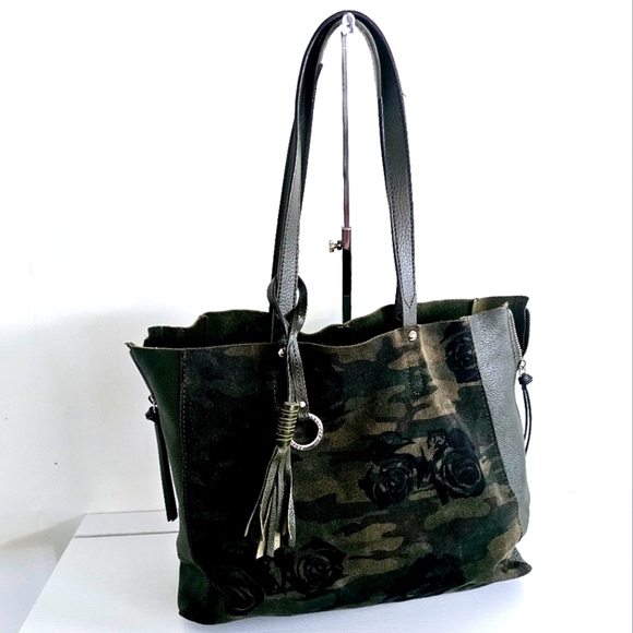 Sanctuary Rose Print Suede Genuine Green Pebbled Leather Fringe Tassel Tote Bag - Picture 2 of 10